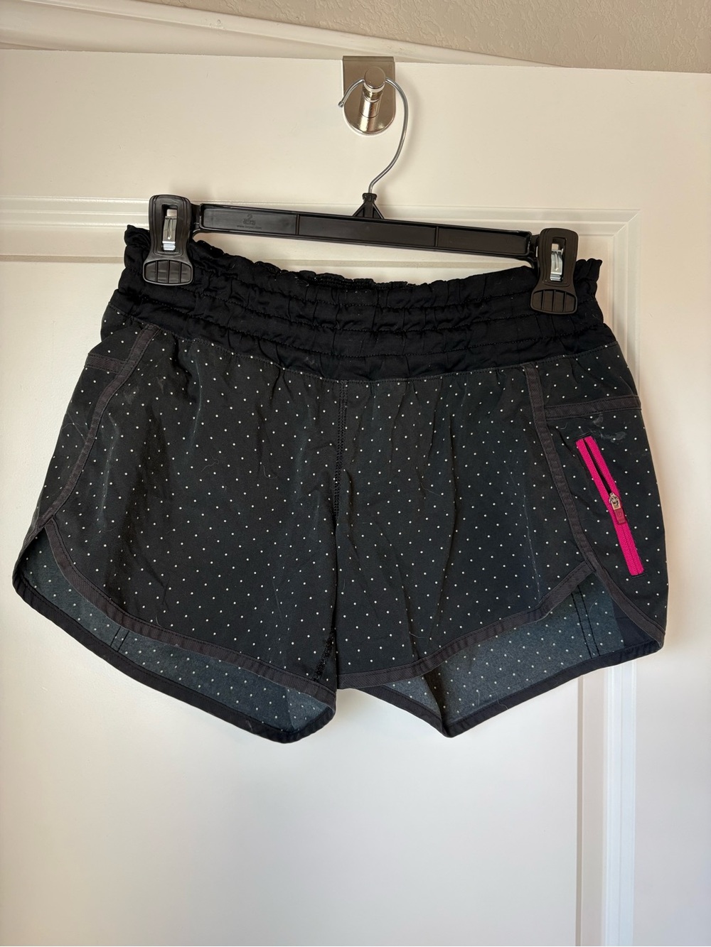 Lululemon Women’s Black Polka Dot Athletic Shorts with Pink Zip Pocket